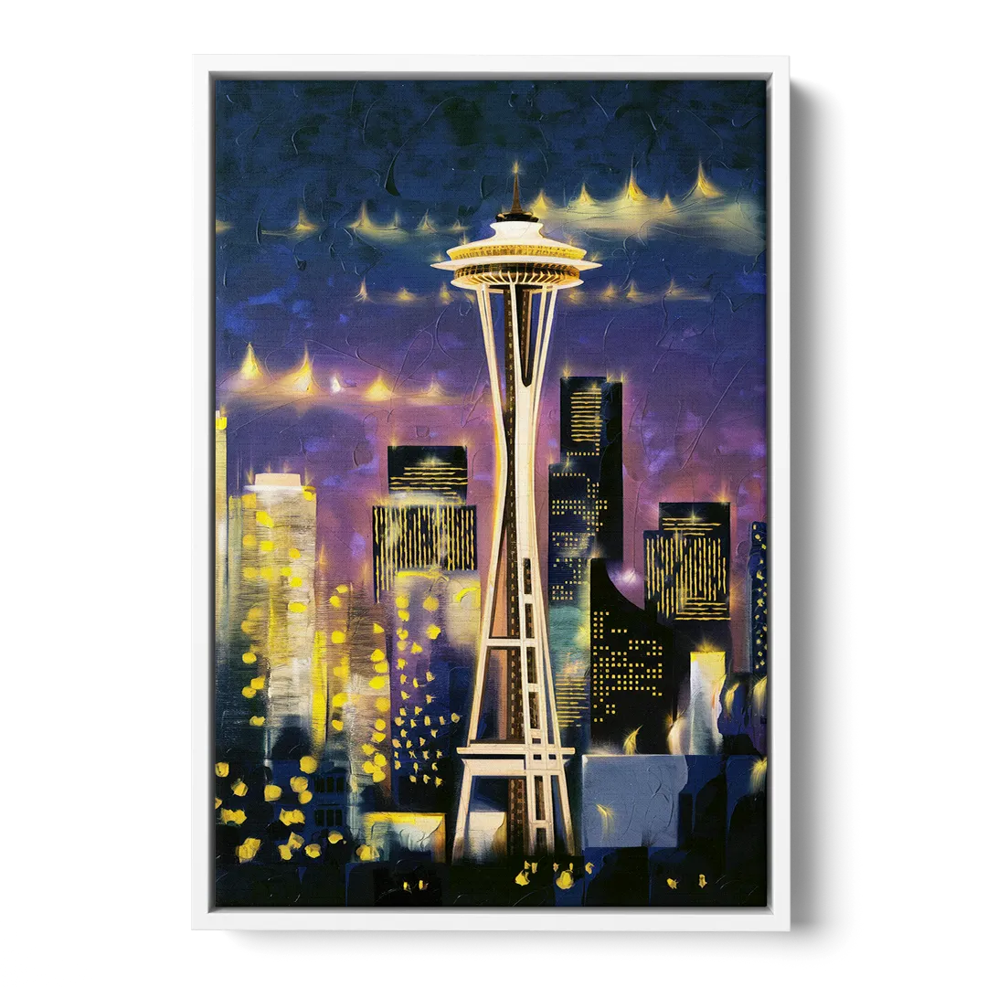 Seattle Space Needle Night Lights - White Frame Canvas