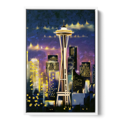 Seattle Space Needle Night Lights - White Frame Canvas