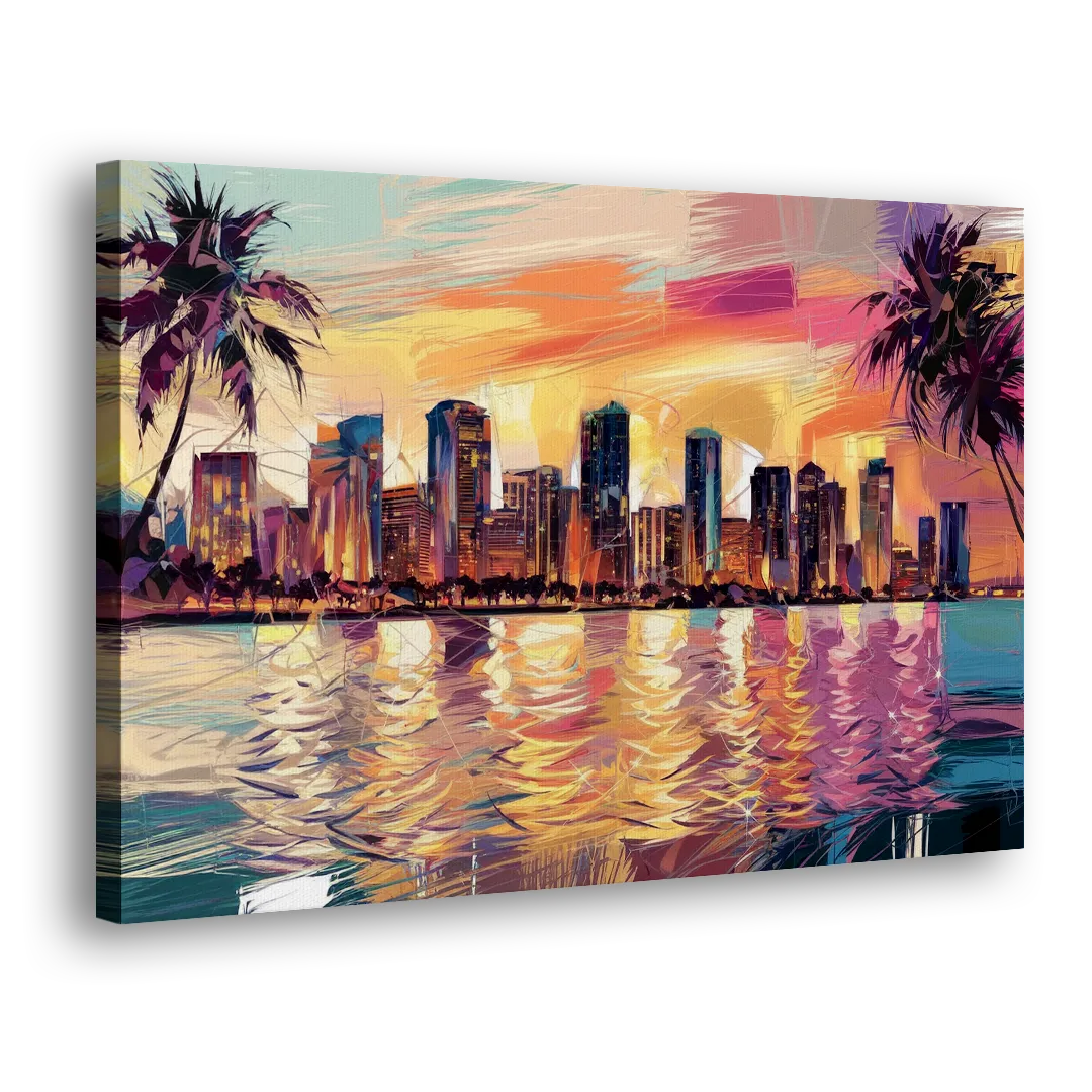 Miami Skyline At Sunset - Canvas Print Art Sides