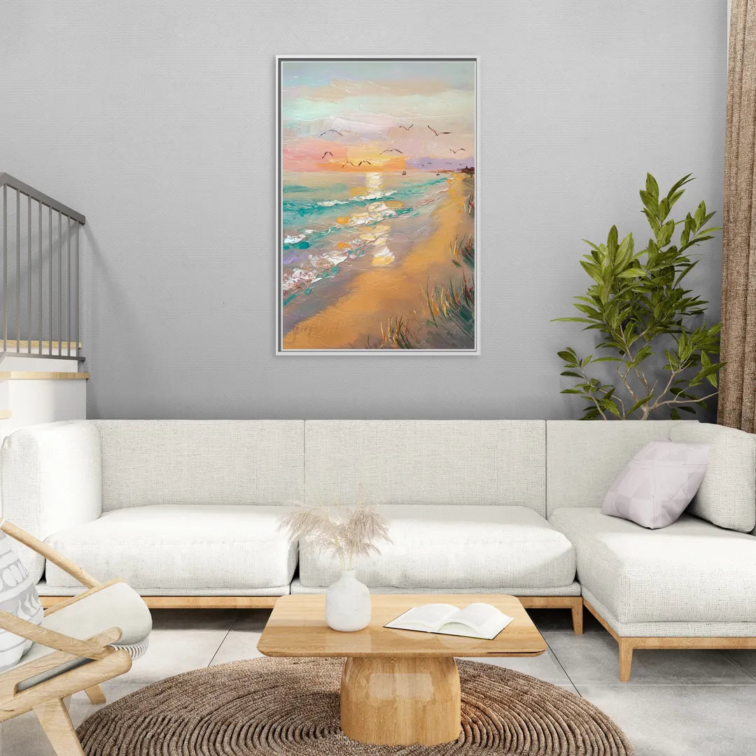 Galveston Beach Sunrise - Living Room White Frame Canvas