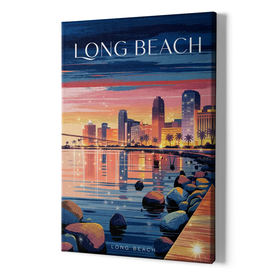 Long Beach Cityscape Evening Lights - Canvas Print Art Sides