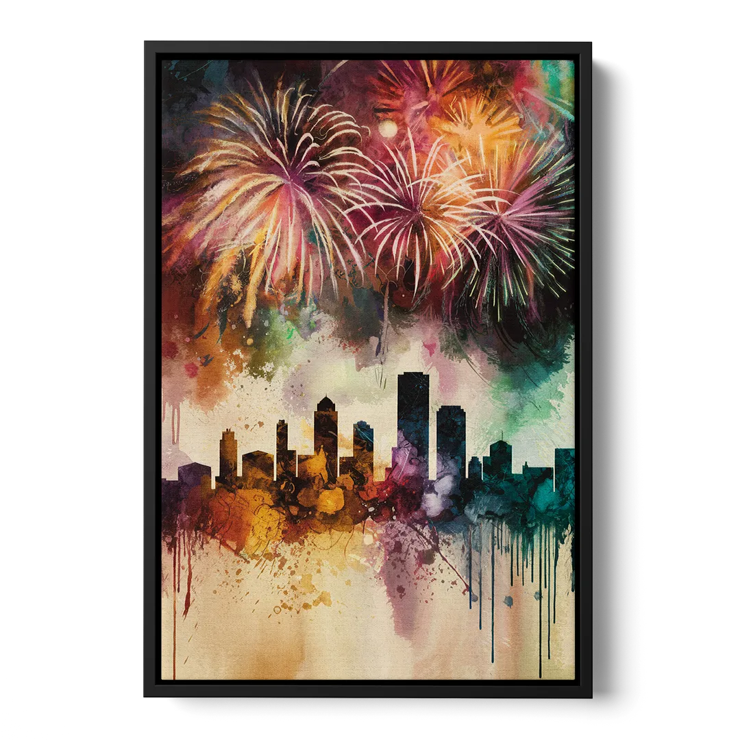 Buffalo Skyline with Fireworks - Black Frame Canvas