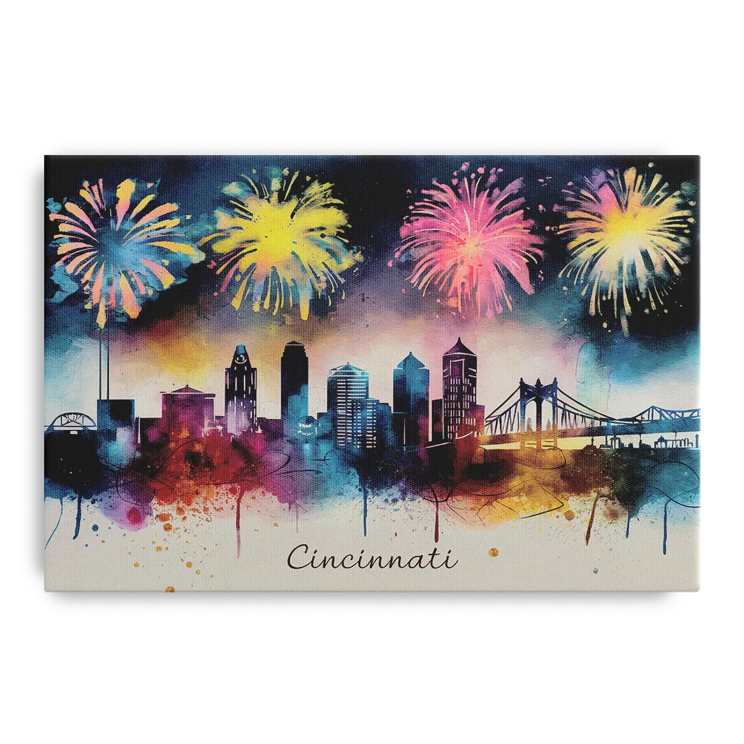 Cincinnati Skyline With Fireworks - Canvas Wall Art