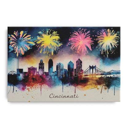 Cincinnati Skyline With Fireworks - Canvas Wall Art