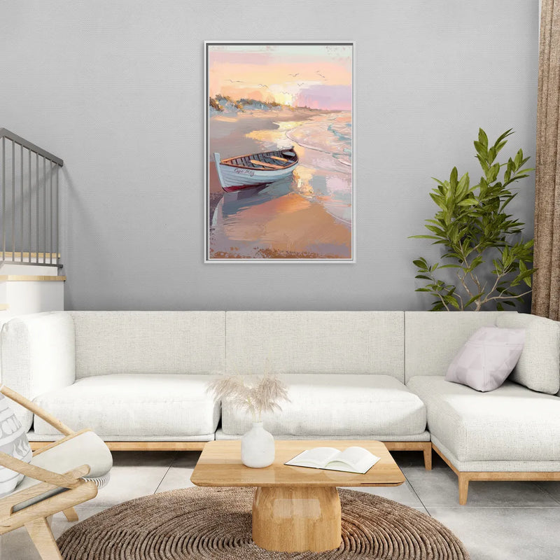Cape May Beach Sunrise - Living Room White Frame Canvas