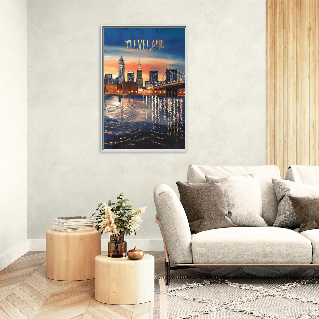 Cleveland Cityscape Panoramic - Living Room White Frame Canvas