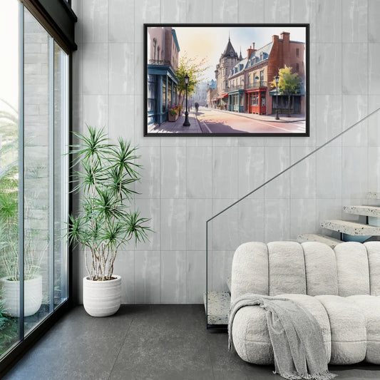 Quebec City Old Streets - Living Room Black Frame Canvas