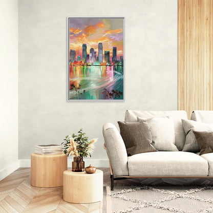 Tampa Skyline at Sunset - Living Room White Frame Canvas