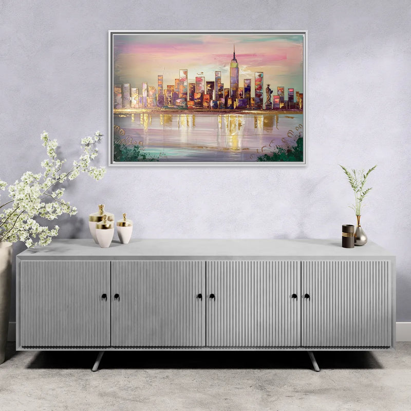 New York City Downtown Skyline - Living Room White Frame Canvas