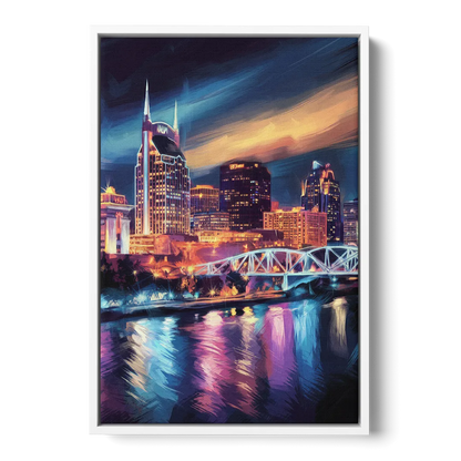 Nashville Bright Lights Skyline - White Frame Canvas