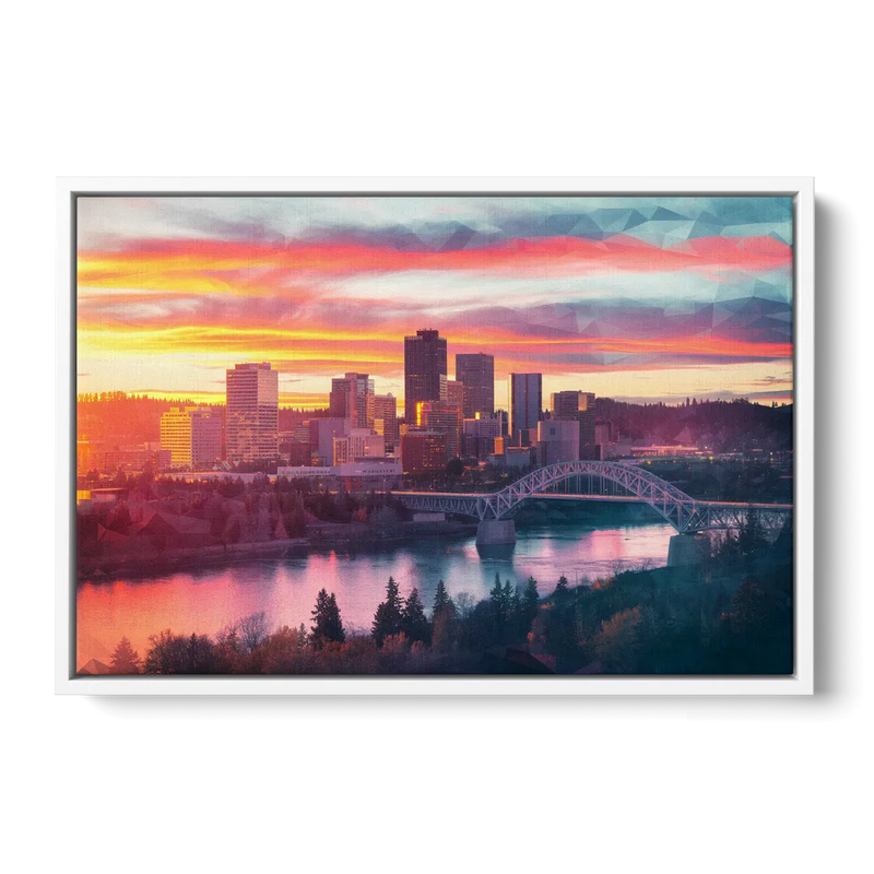 Spokane Skyline Sunset - White Frame Canvas