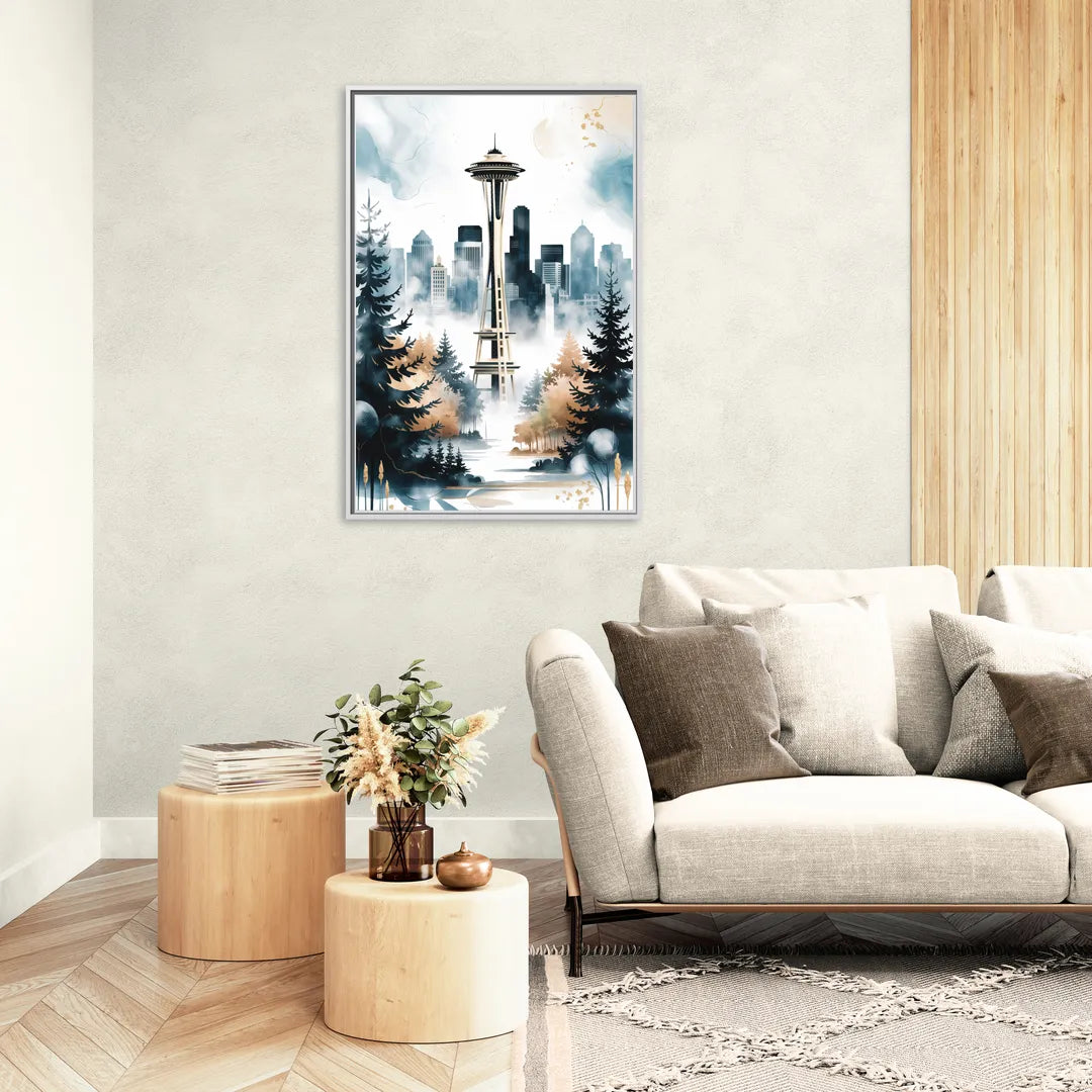 Seattle Space Needle in Fog - Living Room White Frame Canvas