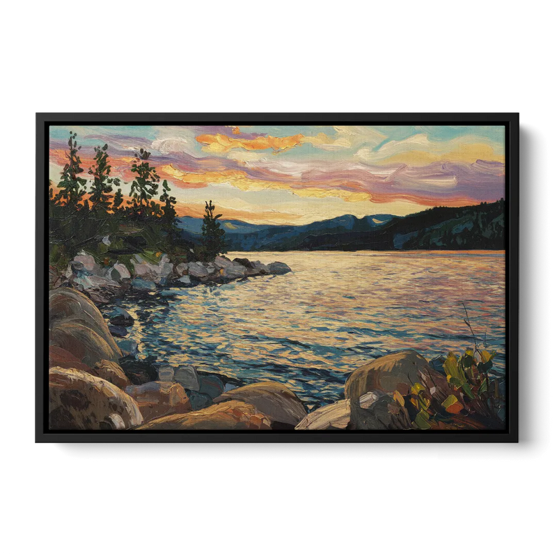 Lake Tahoe Sunset Reflections Serenity - Black Frame Canvas