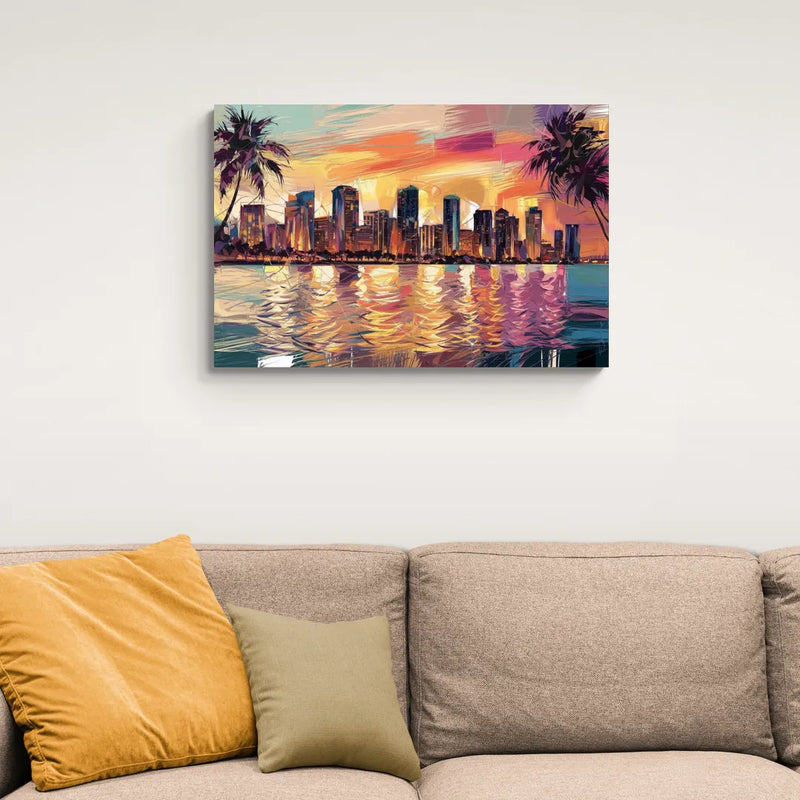 Miami Skyline At Sunset - Canvas Wall Art Living Room