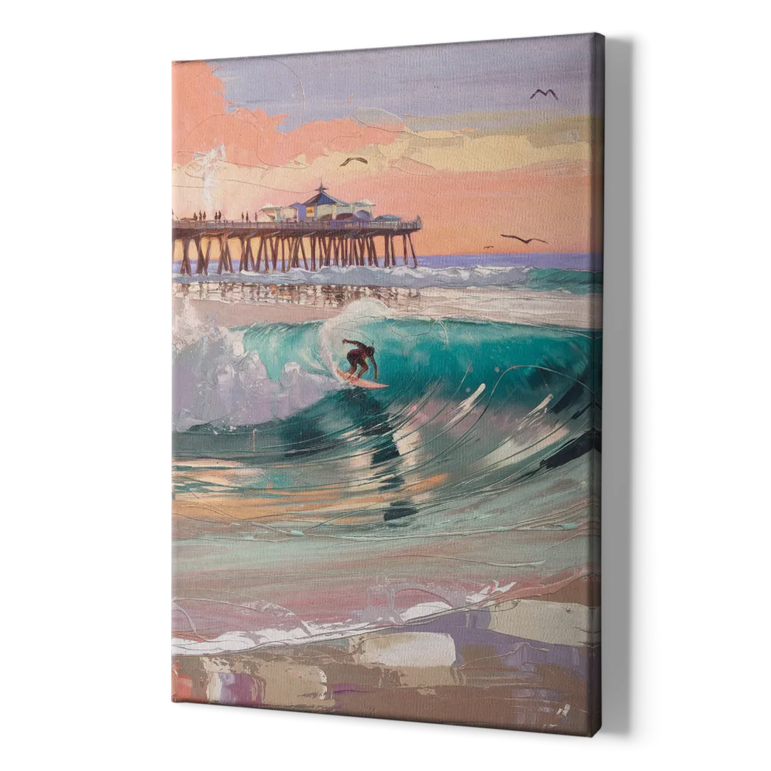 Huntington Beach Surfing Scene - Canvas Print Art Sides
