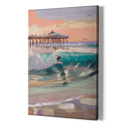 Huntington Beach Surfing Scene - Canvas Print Art Sides