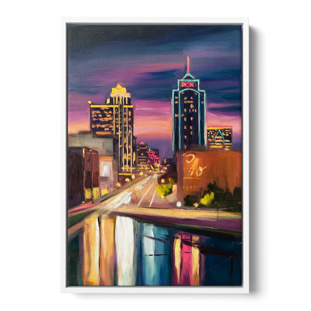 Tulsa Cityscape Glow - White Frame Canvas