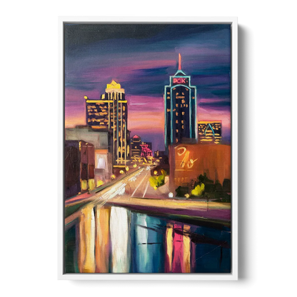 Tulsa Cityscape Glow - White Frame Canvas