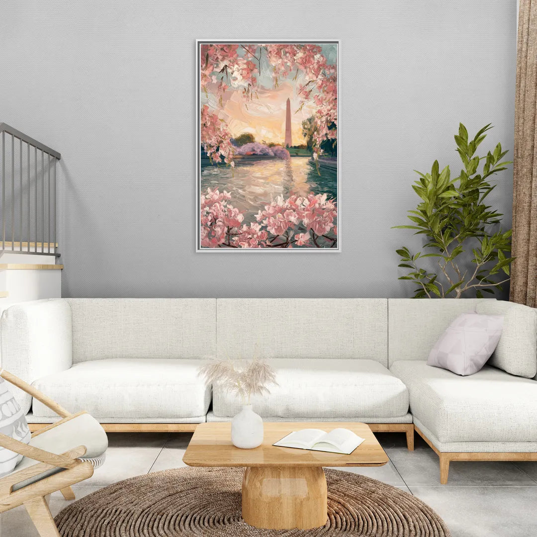 Washington DC Cherry Blossoms - Living Room White Frame Canvas