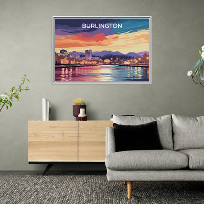 Burlington Skyline At Sunset - Living Room White Frame Canvas