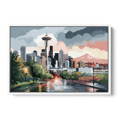 Seattle Rainy Day Skyline - White Frame Canvas