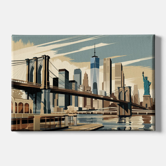 New York Brooklyn Bridge And Statue Of Liberty - Canvas Wall Art