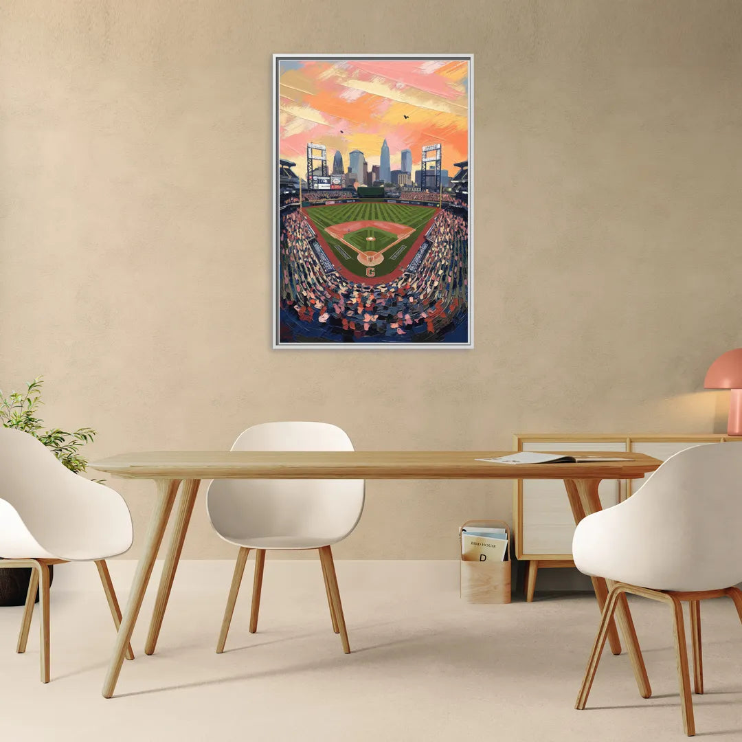 Cleveland Guardians Baseball Field - Living Room White Frame Canvas