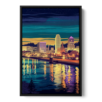 Portland Downtown Lights - Black Frame Canvas