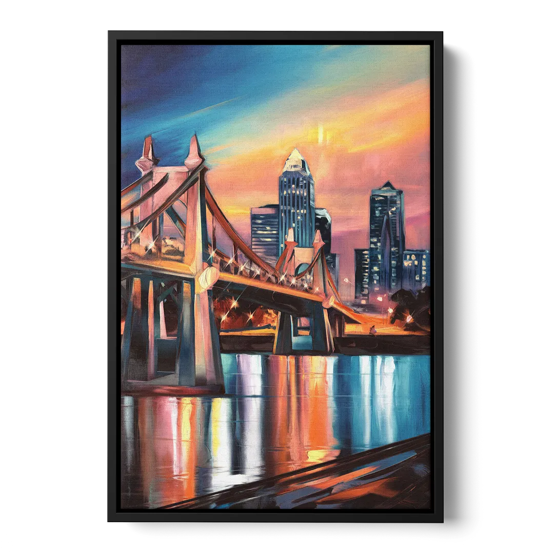 Cincinnati Skyline and Historic Bridges - Black Frame Canvas