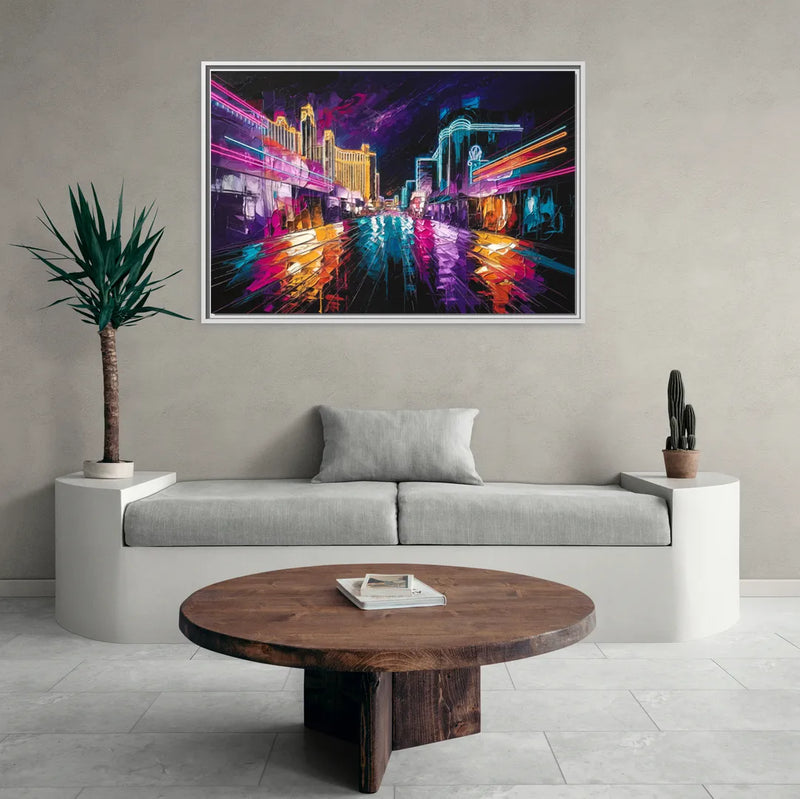 Las Vegas Neon Nights - Living Room White Frame Canvas