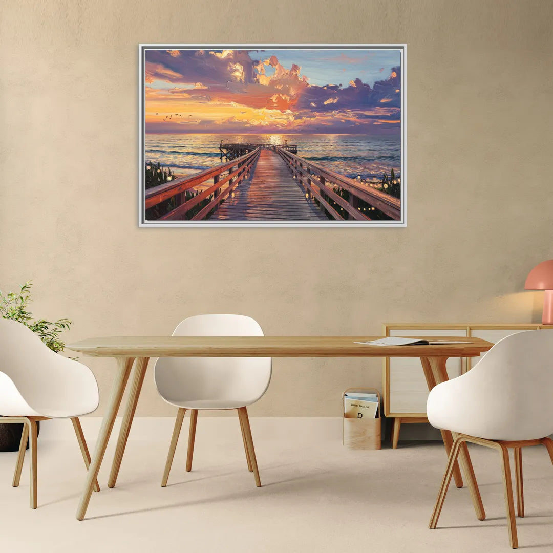 Cape May Sunset Pier - Living Room White Frame Canvas