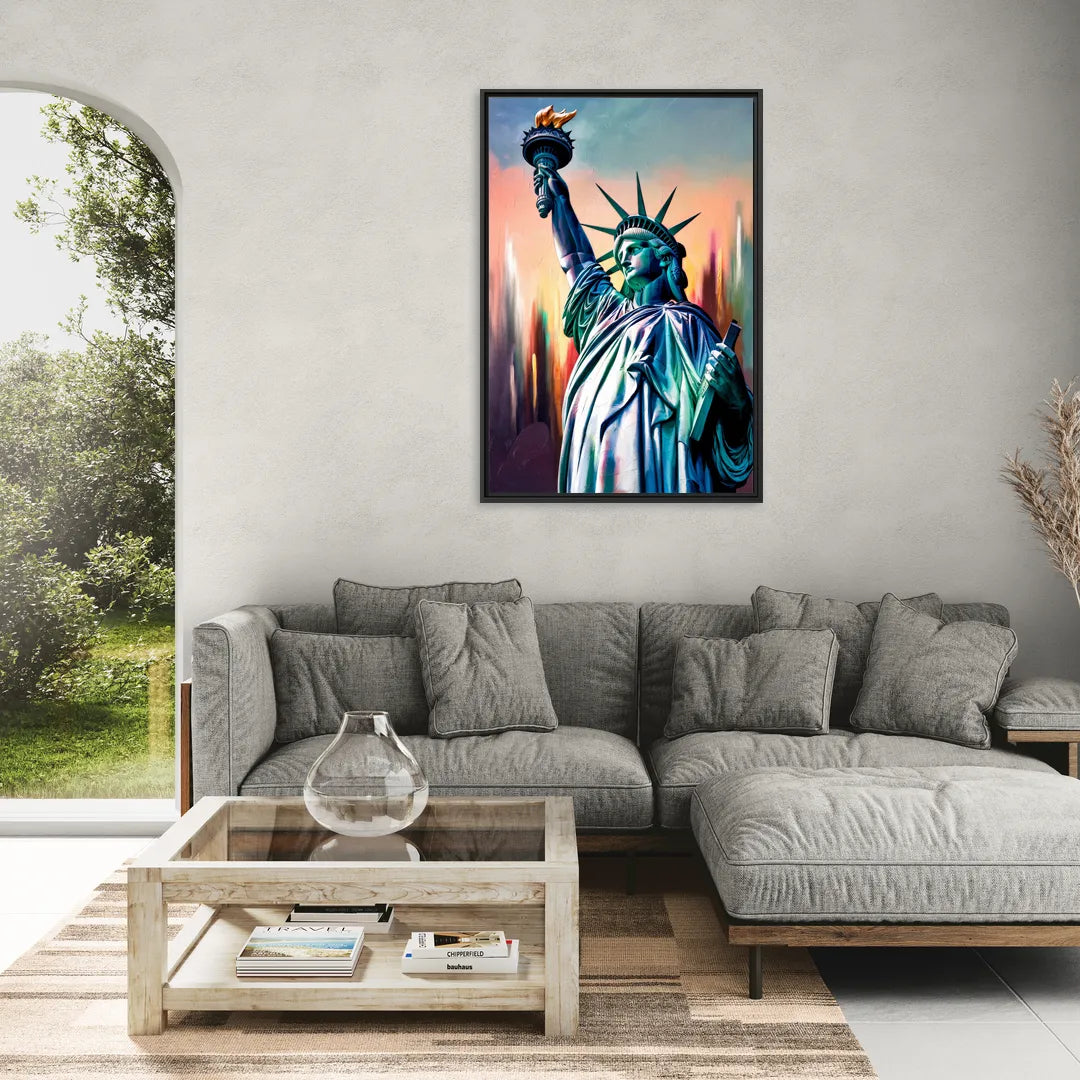New York City Statue of Liberty Closeup Sky - Living Room Black Frame Canvas