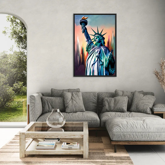 New York City Statue of Liberty Closeup Sky - Living Room Black Frame Canvas