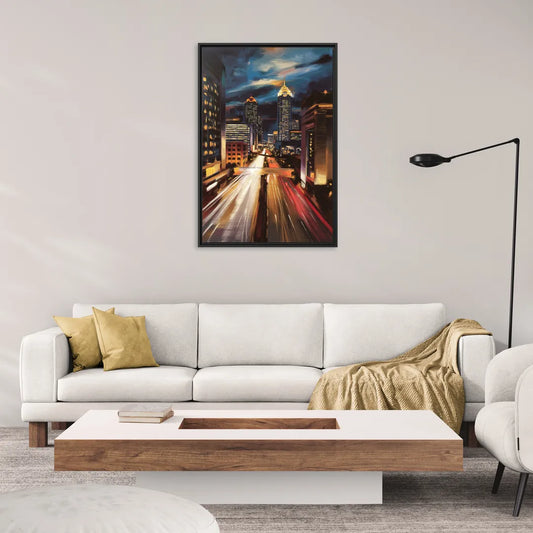 Atlanta Cityscape at Night - Living Room Black Frame Canvas