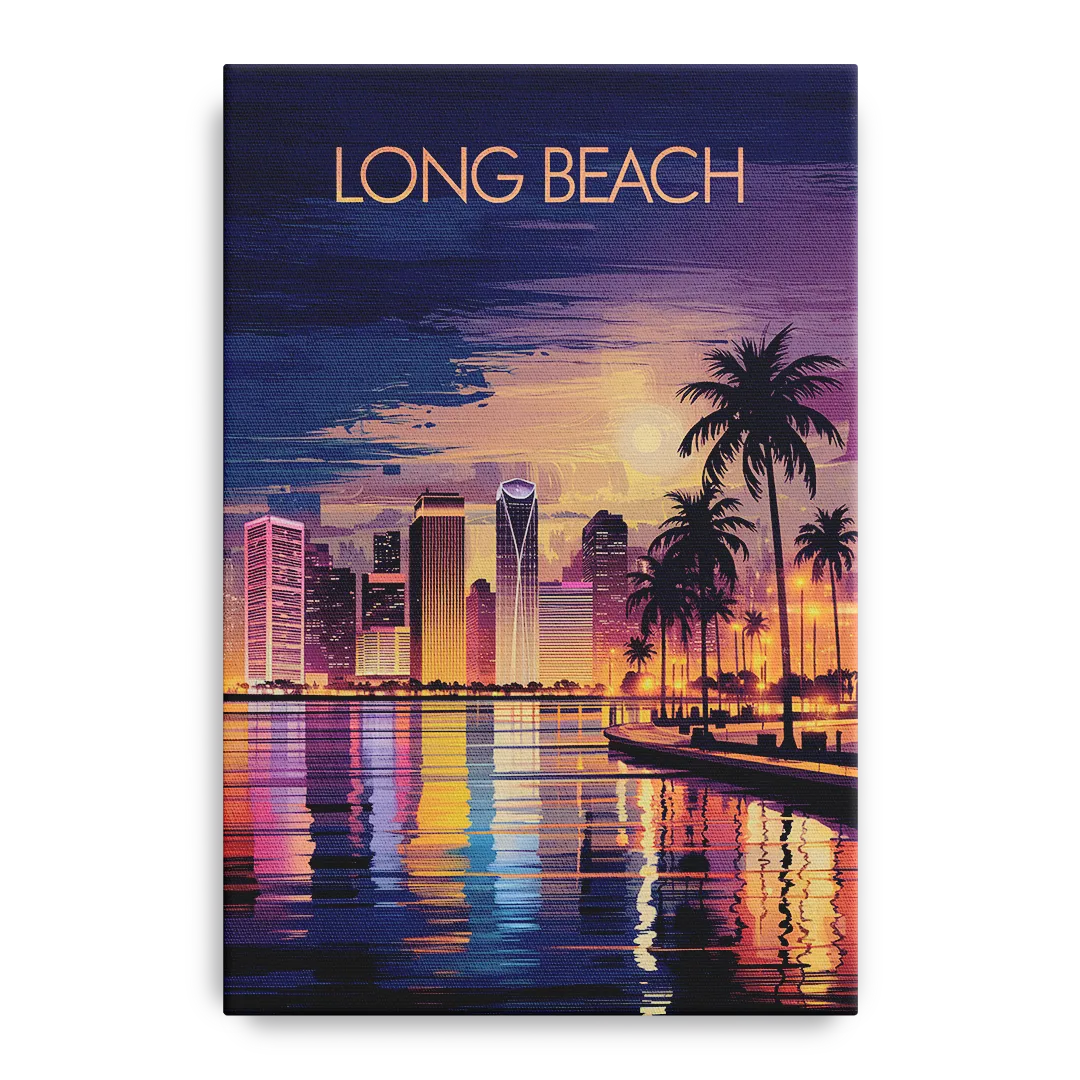Long Beach Cityscape Evening Lights Nightscape - Canvas Wall Art