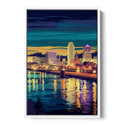 Portland Downtown Lights - White Frame Canvas