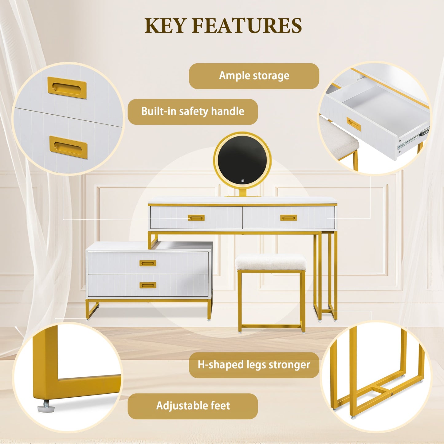 Elegant 4-Drawer Vanity Table with Side Cabinet – Modern Home Decor