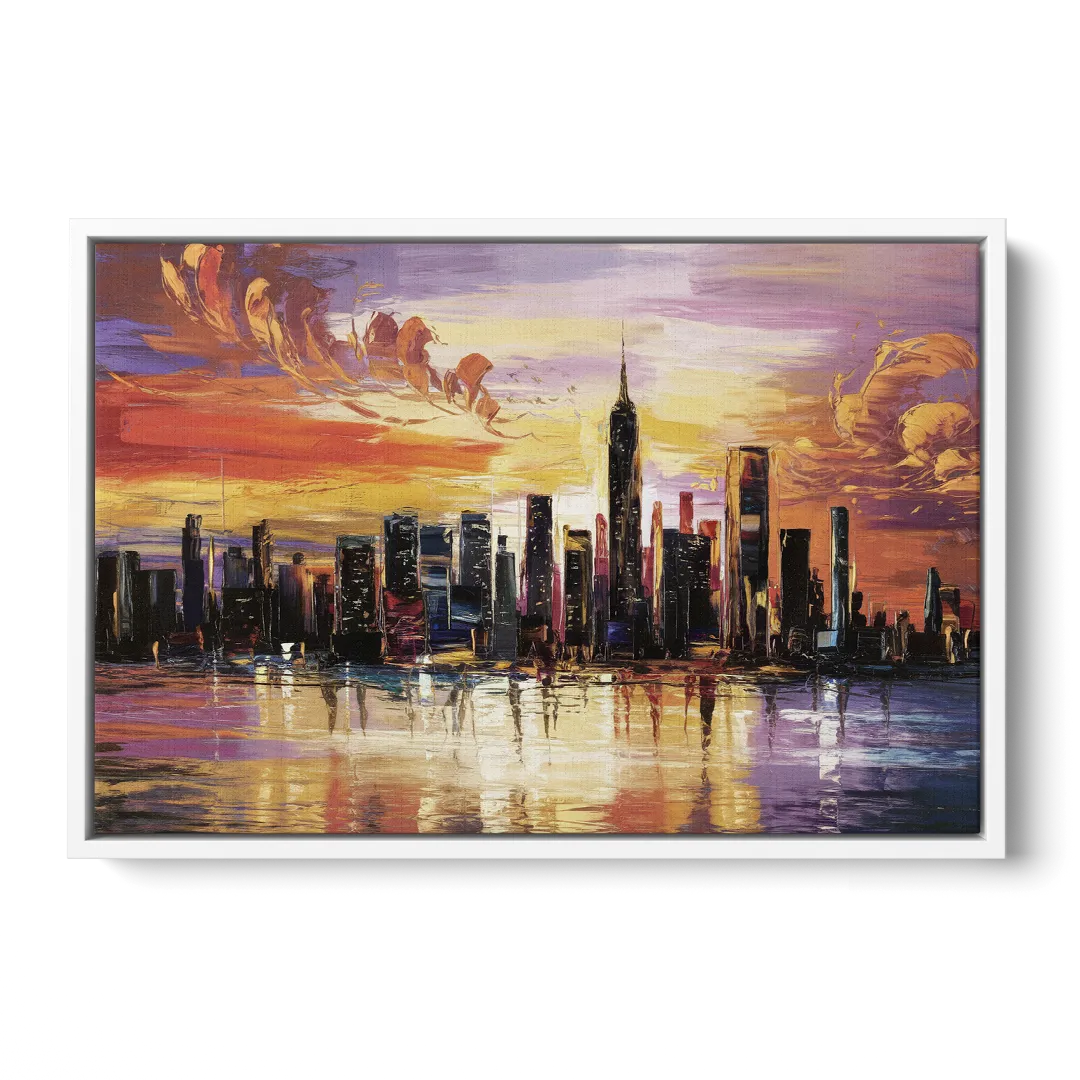 New York City Skyline At Sunset - White Frame Canvas