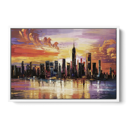 New York City Skyline At Sunset - White Frame Canvas