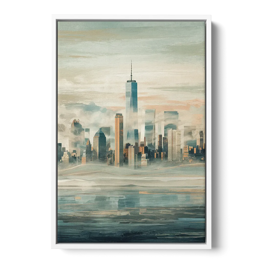 New York City Skyline in Fog Hudson - White Frame Canvas