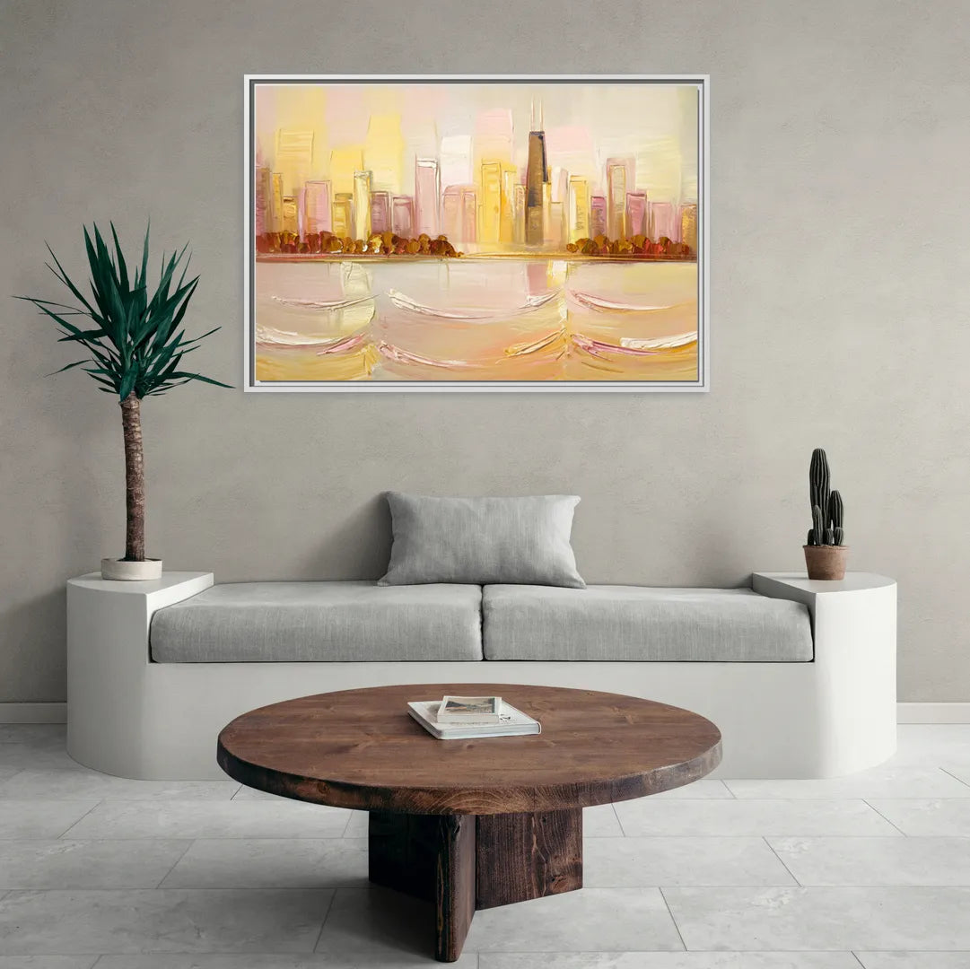 Chicago Cityscape At Dawn - Living Room White Frame Canvas