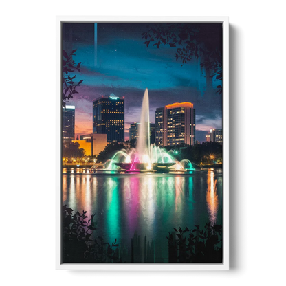 Orlando Downtown Night Lights - White Frame Canvas