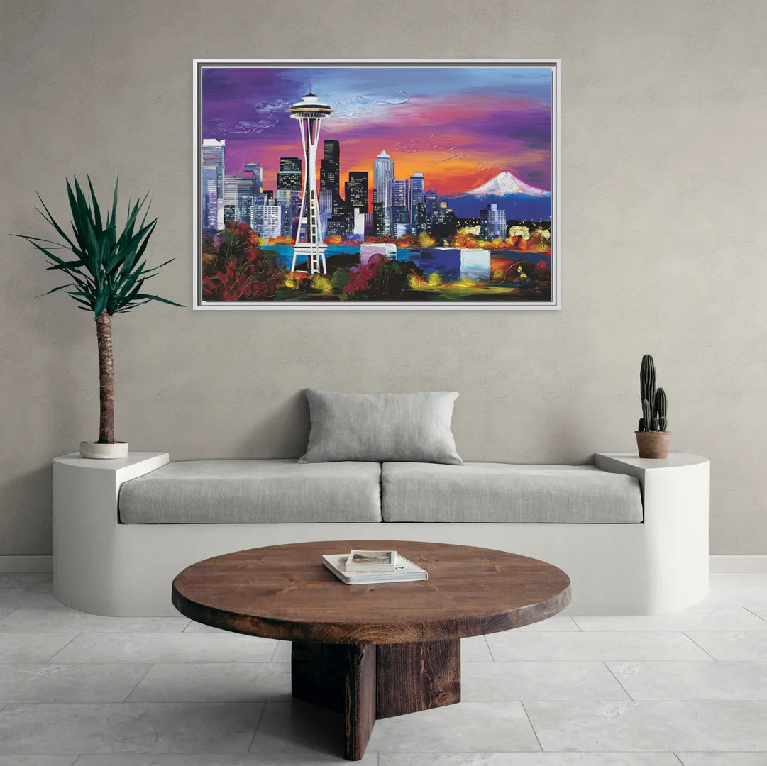 Seattle Space Needle View - Living Room White Frame Canvas