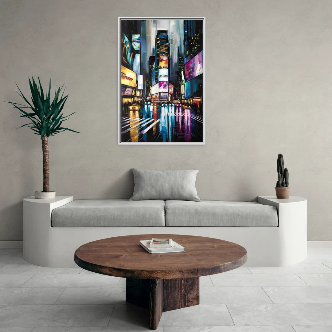 New York City Times Square Lights - Living Room White Frame Canvas