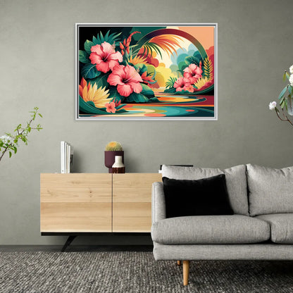 Honolulu Hawaiian Floral Design - Living Room White Frame Canvas
