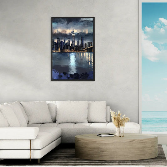 New York City Skyline in Blue Tones Hudson - Living Room Black Frame Canvas