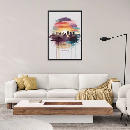 Memphis Skyline at Sunset - Living Room Black Frame Canvas