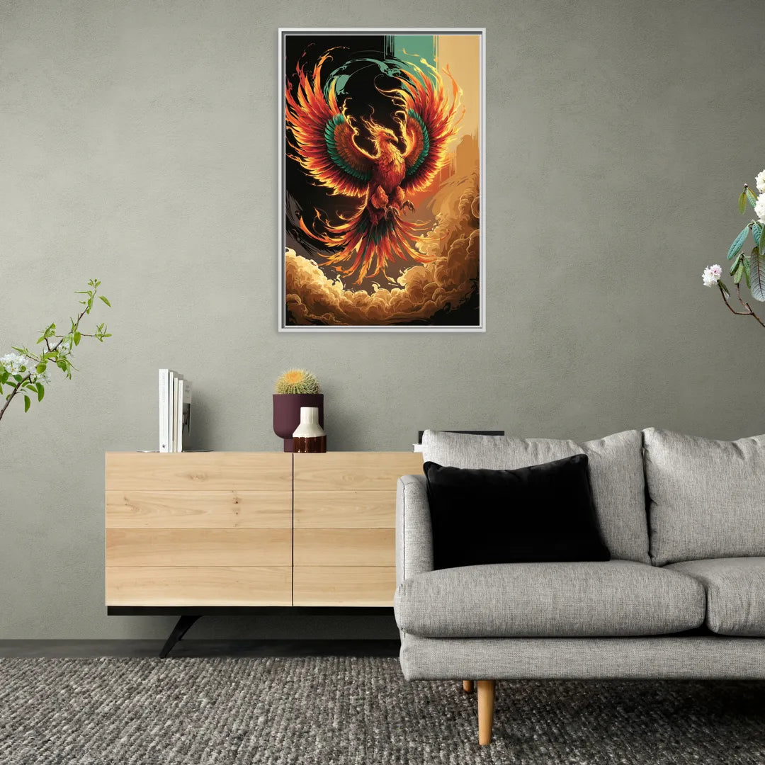 Phoenix Bird Abstract Artwork - Living Room White Frame Canvas
