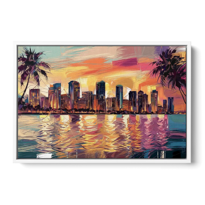 Miami Skyline At Sunset - White Frame Canvas
