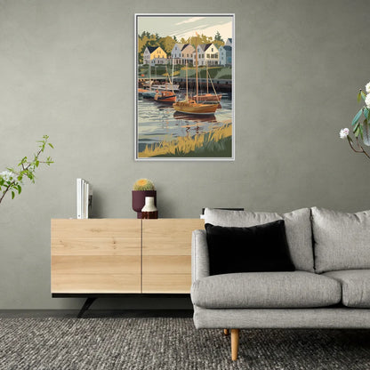 Camden Harbor Boats and Skyline - Living Room White Frame Canvas